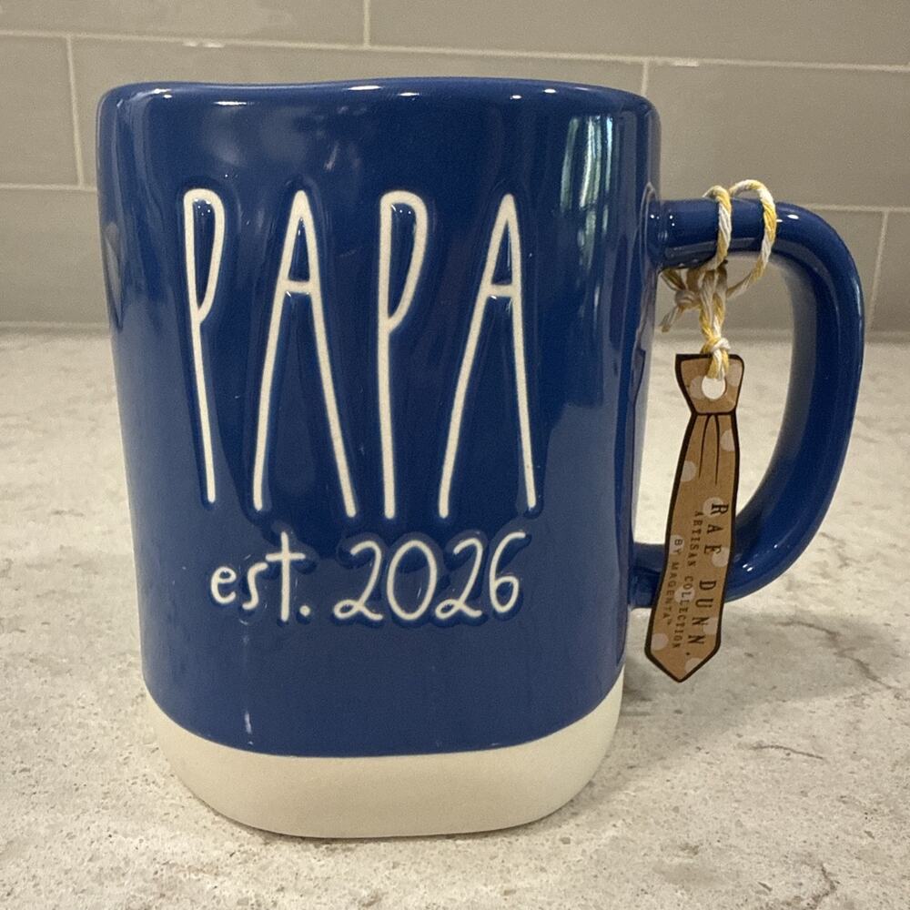 “PAPA est. 2026” Blue White 19oz Coffee Mug Father’s Day Rae Dunn NEW